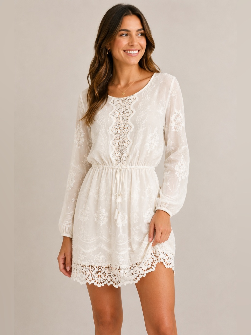 Fate White Lace Long Sleeve Dress, Size Medium
